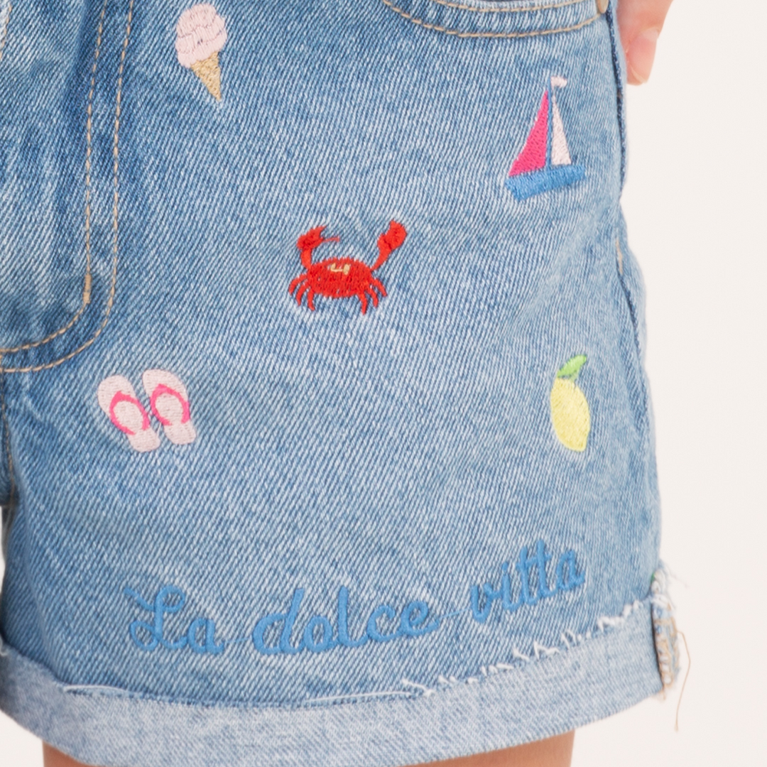 SHORT DENIM BORDADO PARA NIÑAS – AZUL CLARO