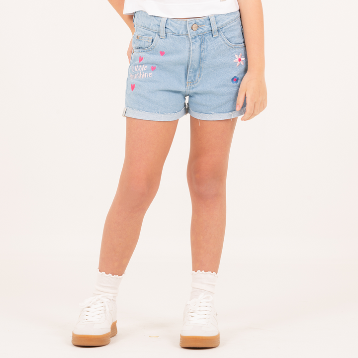 Short en Denim para Niña con Bordados – Azul Claro