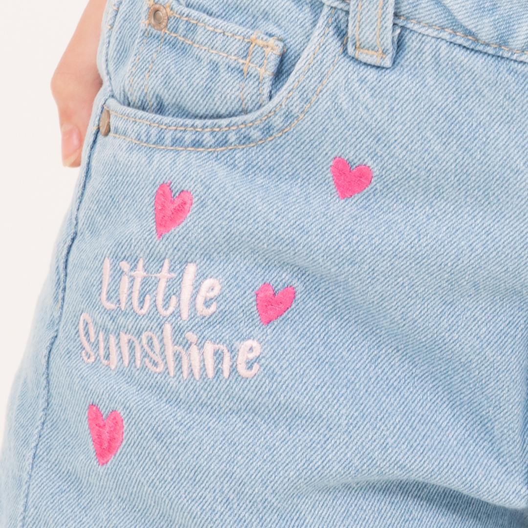 Short en Denim para Niña con Bordados – Azul Claro