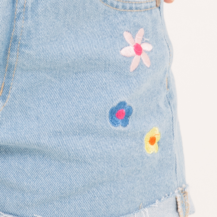 Short en Denim para Niña con Bordados – Azul Claro