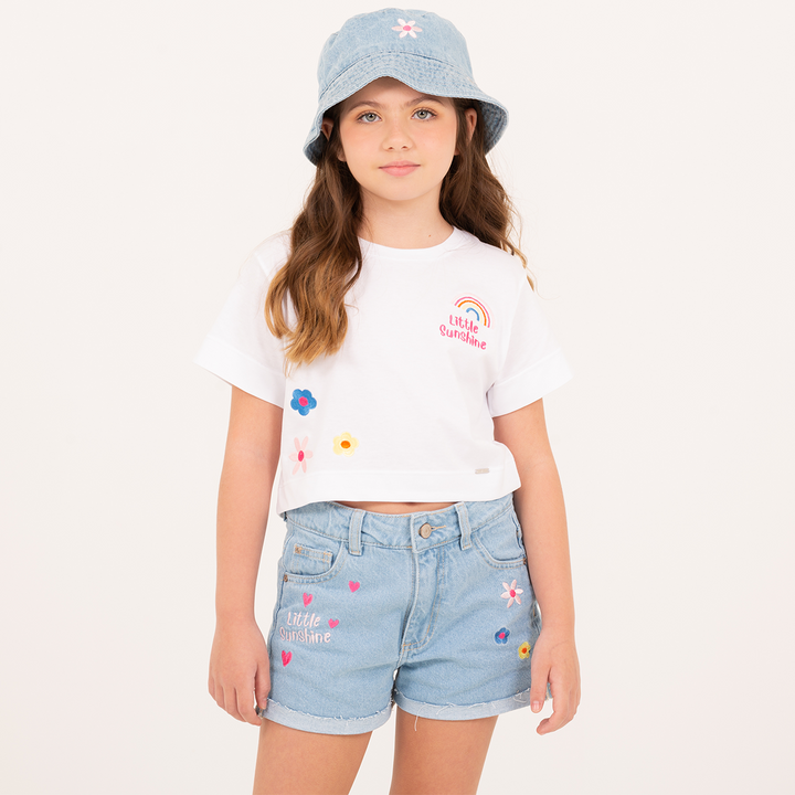Short en Denim para Niña con Bordados – Azul Claro