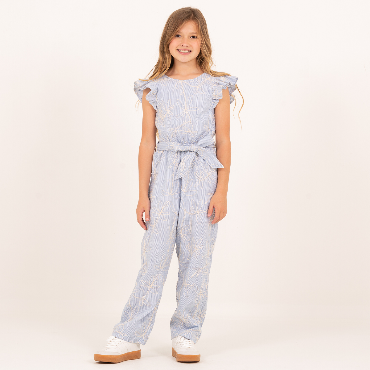 Enterizo para niñas con bordado floral - Azul claro