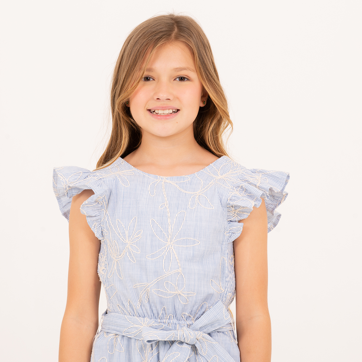 Enterizo para niñas con bordado floral - Azul claro