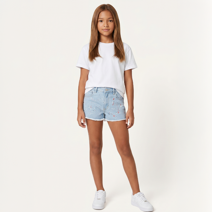 SHORT EN DENIM LAVADO CLARO PARA NIÑA CON DETALLES DE PINTURA