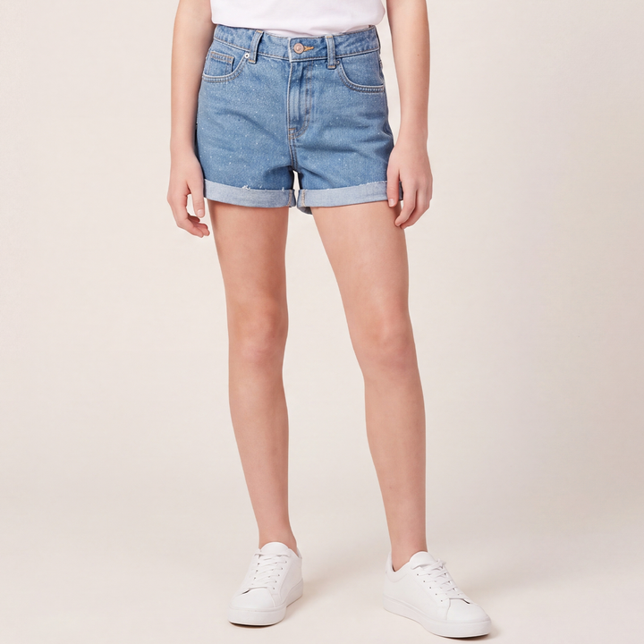 Short para niñas denim con diseño en glitter