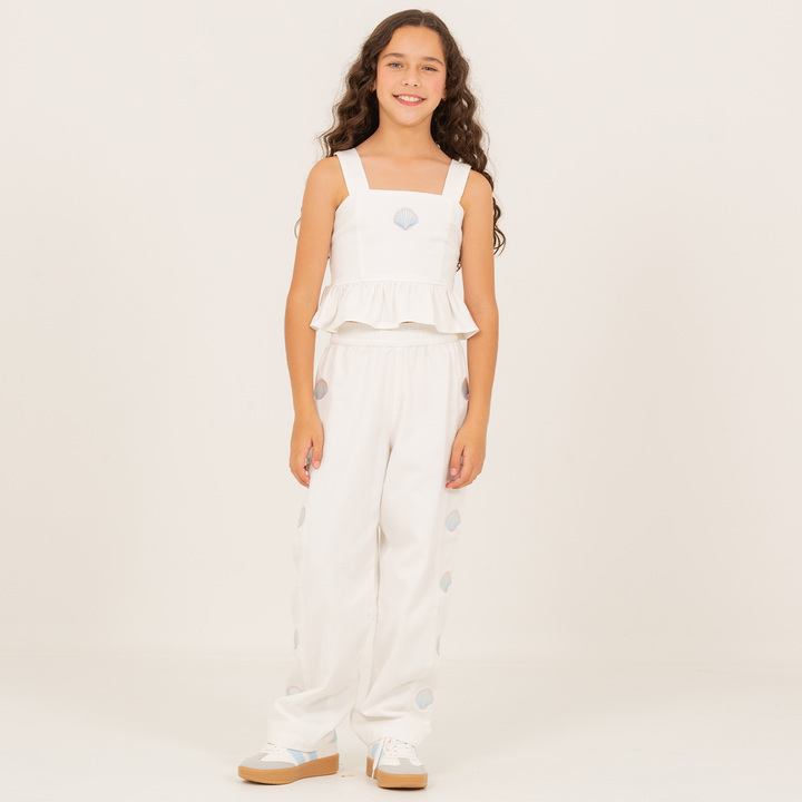 Pantalon para niñas bota recta con diseños bordados – Off white