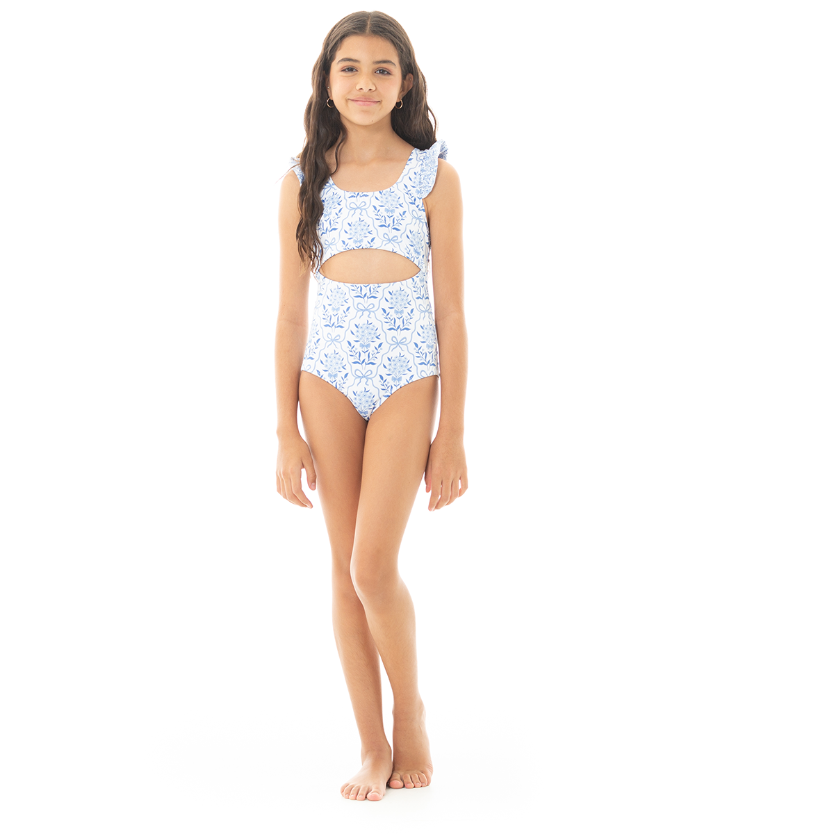 Vestido de baño para niñas entero con cut-out y estampado floral azul