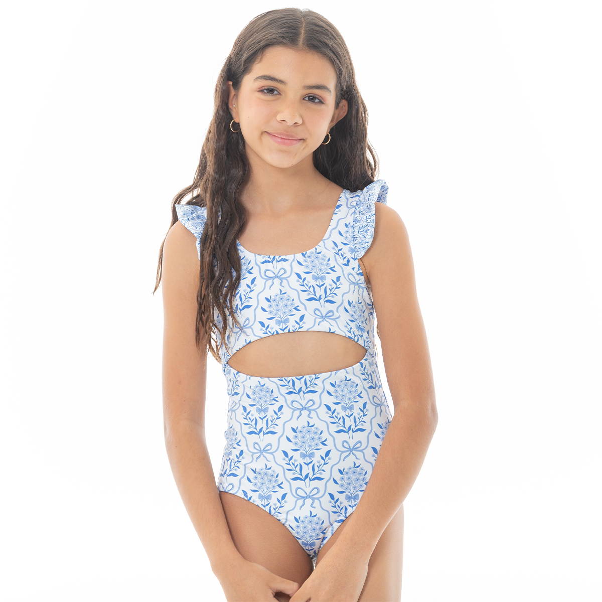 Vestido de baño para niñas entero con cut-out y estampado floral azul