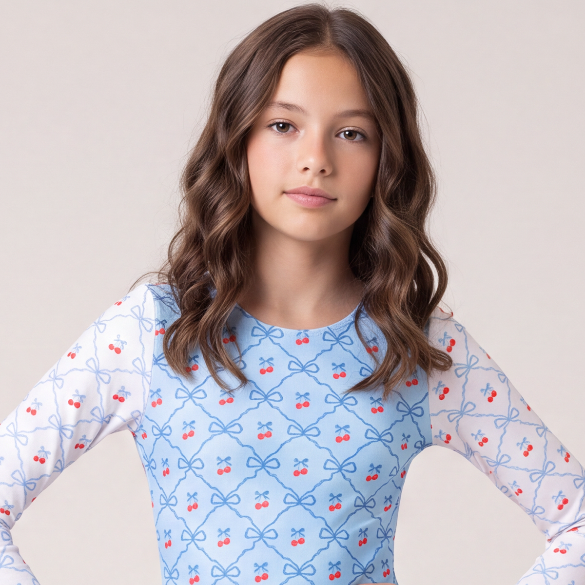 Vestido de baño para niñas entero con estampado de cerezas - Azul