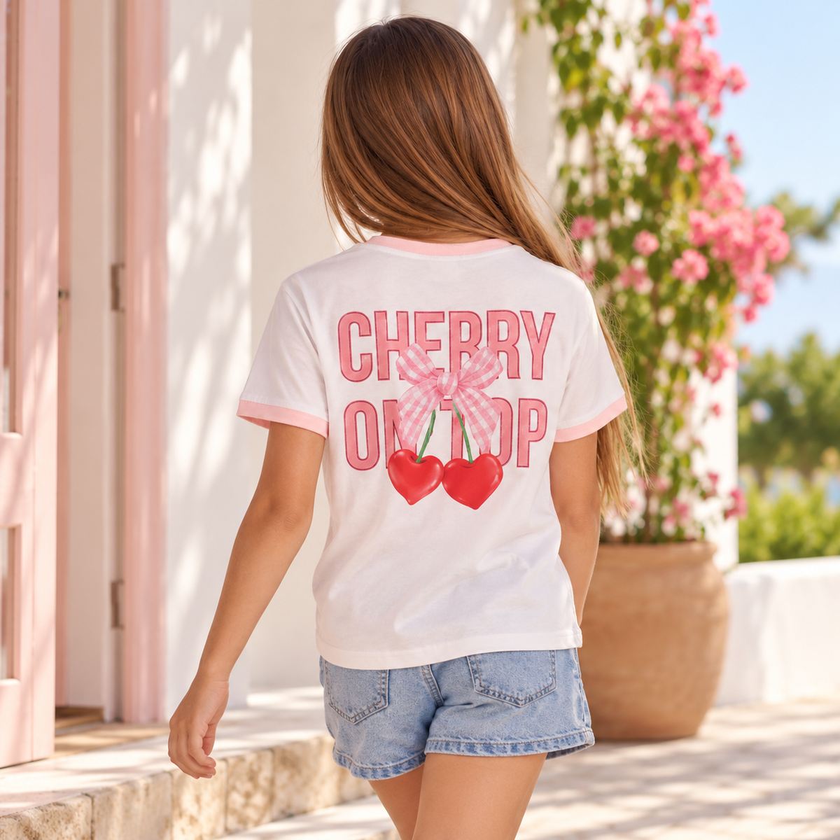 Camiseta para niñas con diseño estampado “Cherry on top“ - Beige