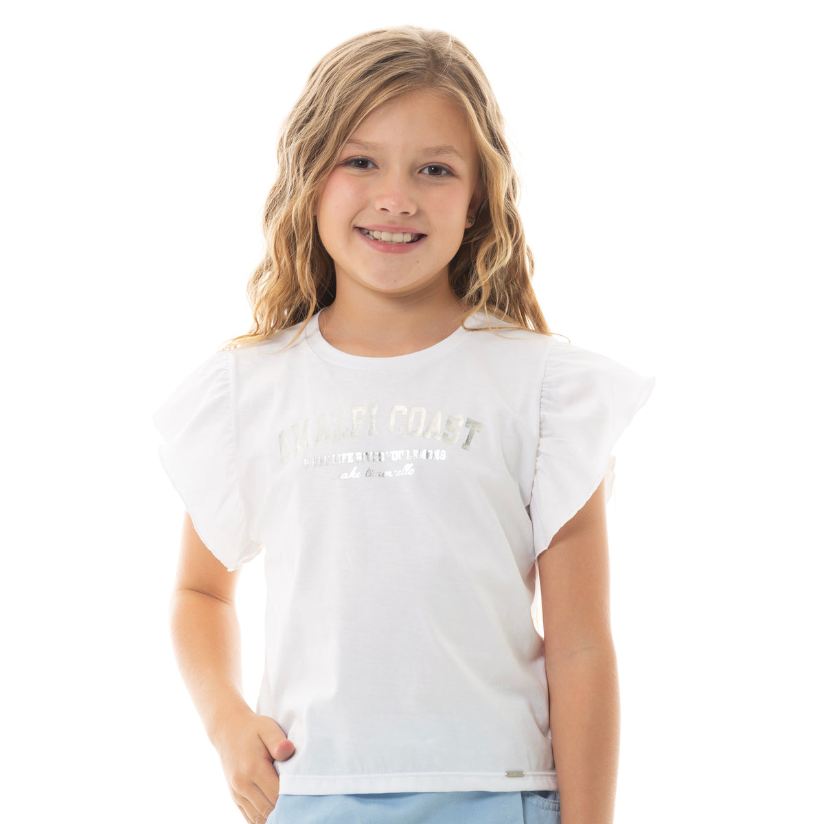 CAMISETA CROP PARA NIÑA CON ESTAMPADO METALIZADO