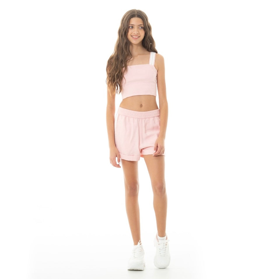 CONJUNTO PARA NIÑAS CROP TOP Y SHORT - COLOR ROSADO