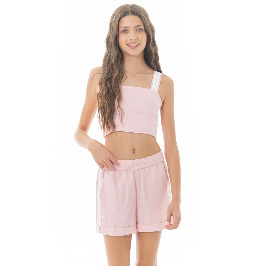 CONJUNTO PARA NIÑAS CROP TOP Y SHORT - COLOR ROSADO