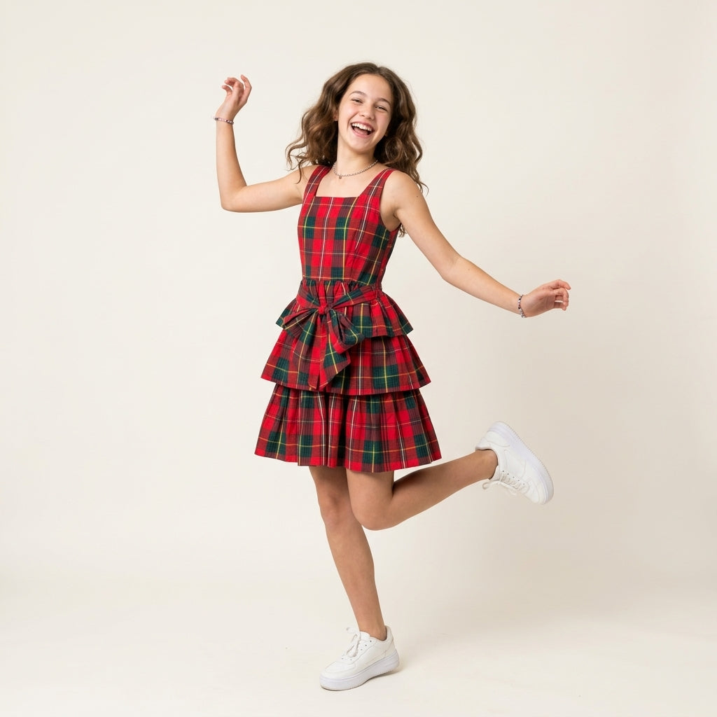 Vestido para niñas de cuadros con lazo - Rojo