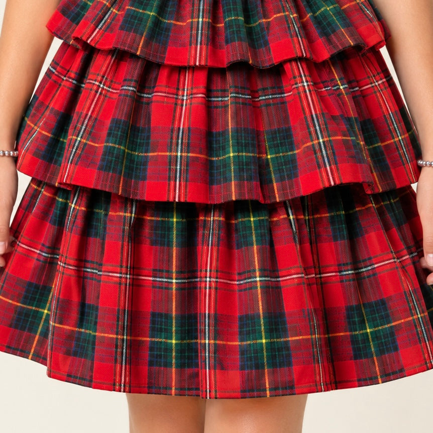 Vestido para niñas de cuadros con lazo - Rojo