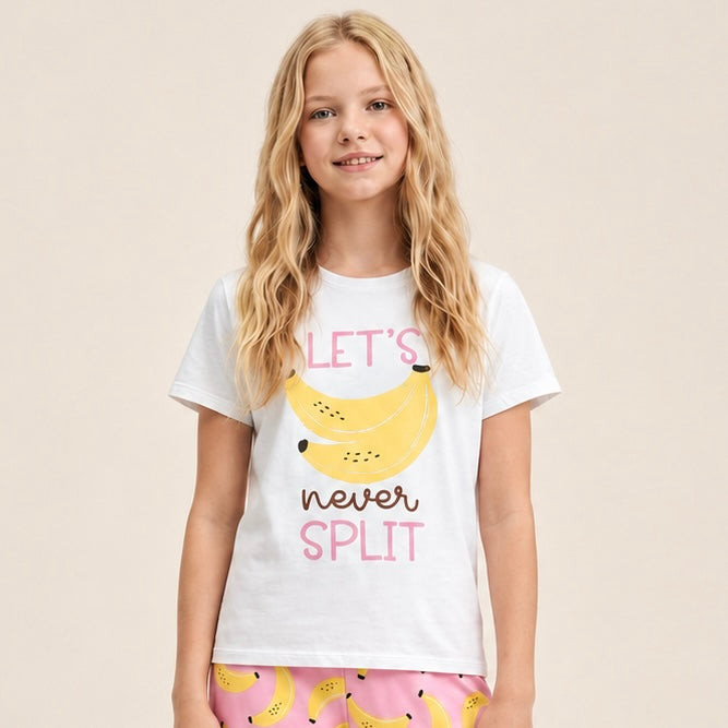Pijama para niñas de pantalon con diseño estampado de bananas - Rosada