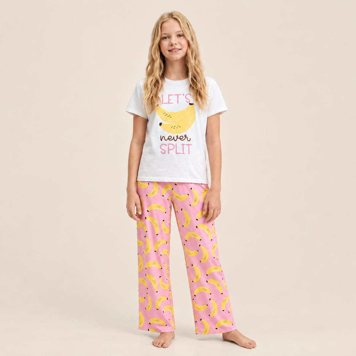 Pijama para niñas de pantalon con diseño estampado de bananas - Rosada