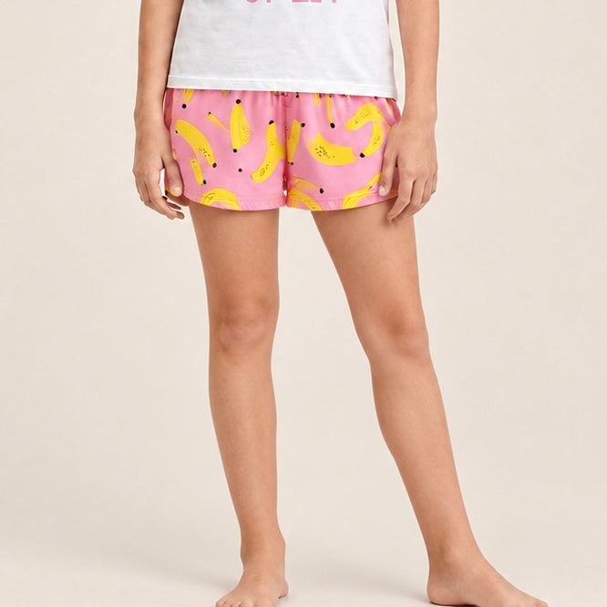 Pijama para niñas de short con diseño estampado de bananas  - Rosada
