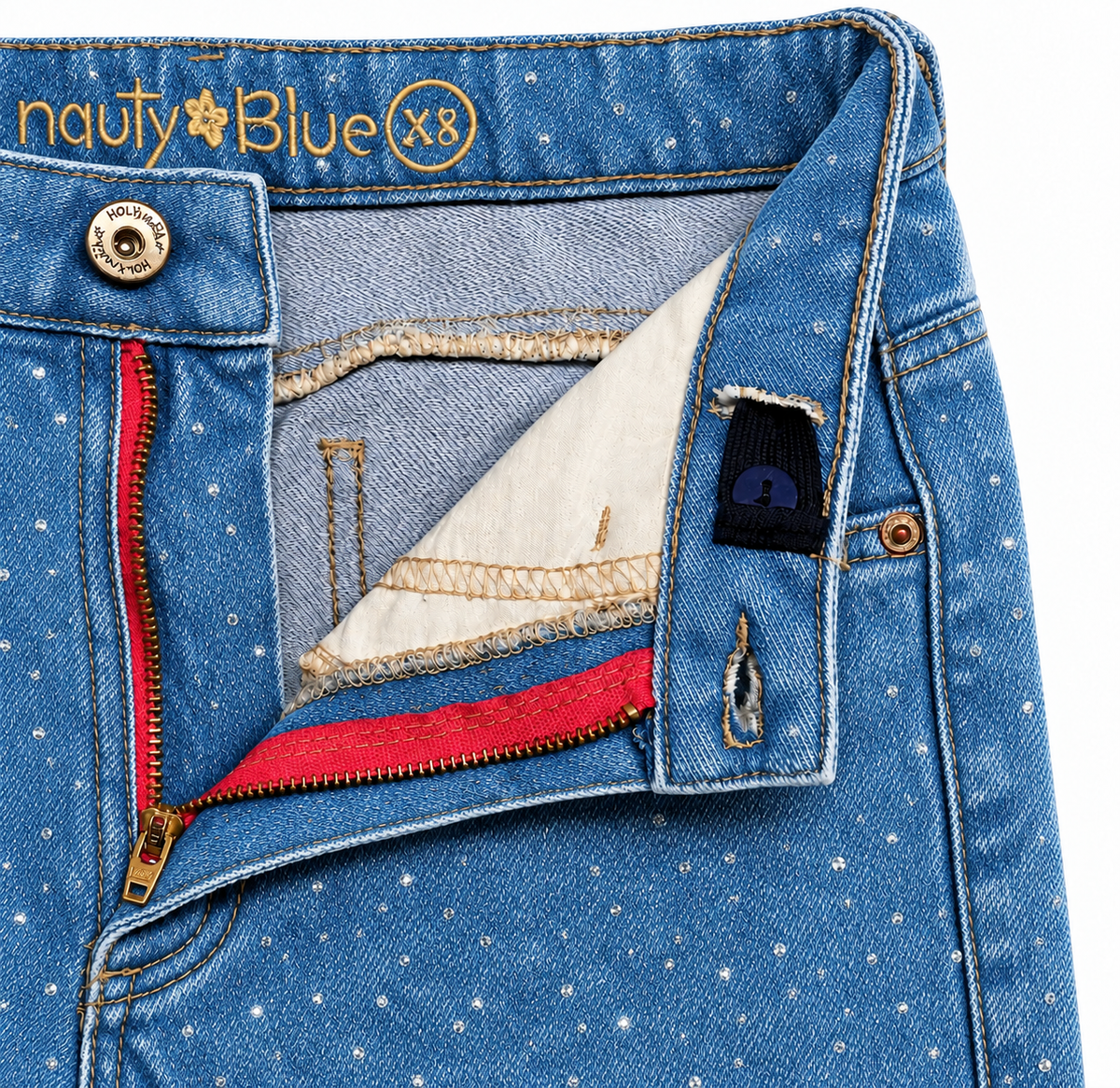 Jean para niñas wide leg con piedras y taches – azul