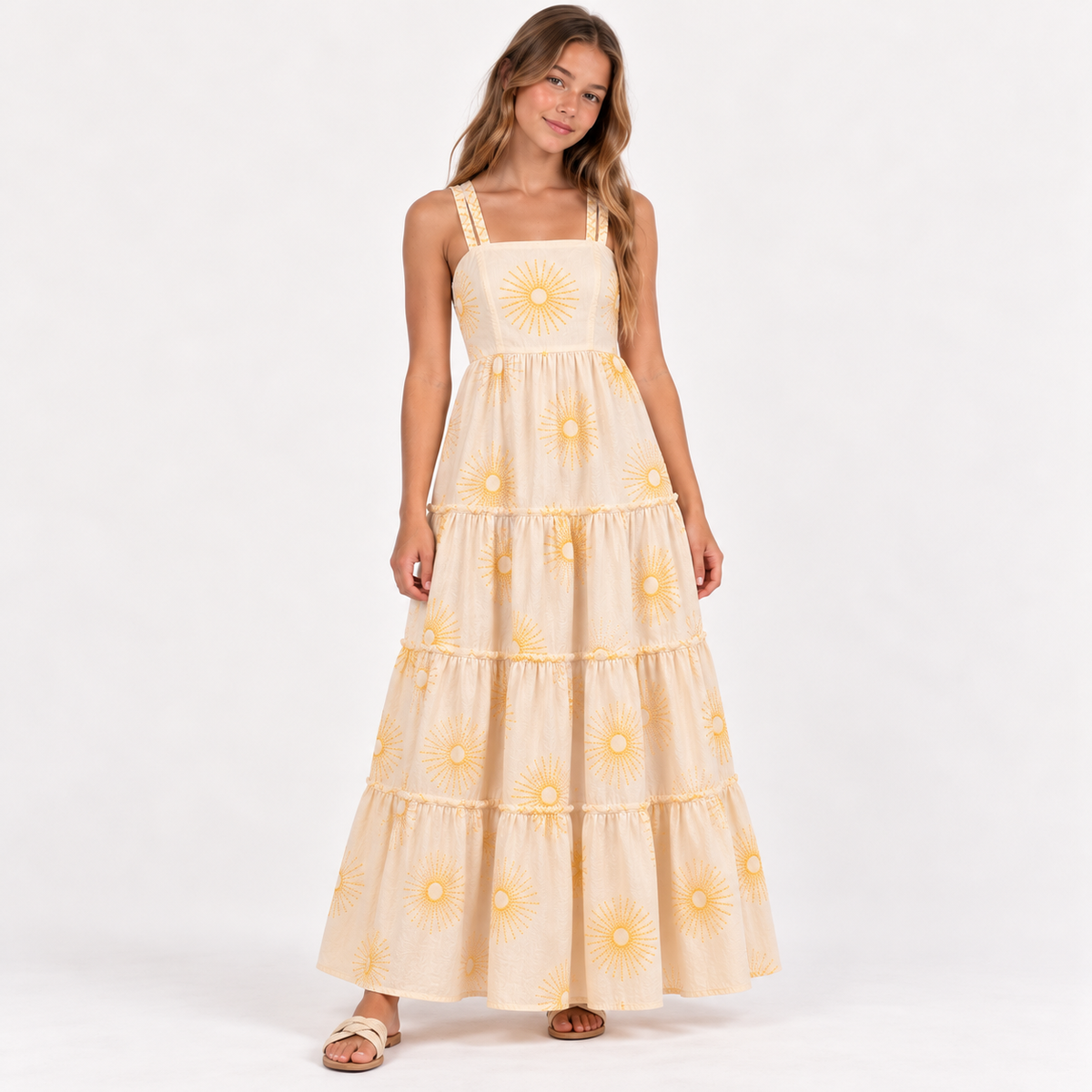 Vestido para niñas maxi bordado tono a tono – Amarillo