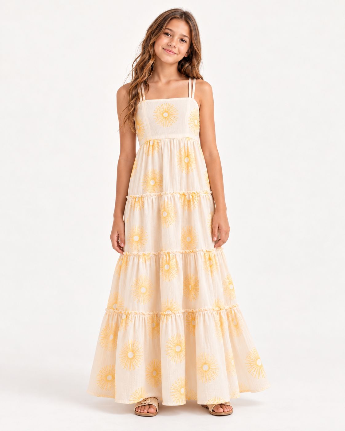 Vestido para niñas maxi bordado tono a tono – Amarillo