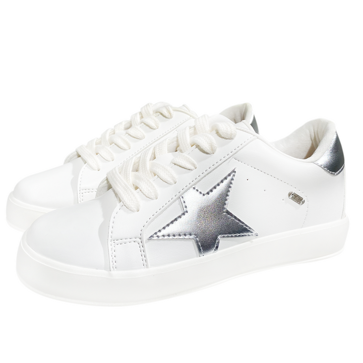 Tenis para niñas blancos con diseño plateado